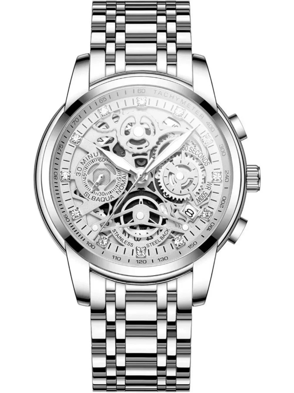 Mens All Silver Stainless Steel Analog Chronograph 3ATM Waterproof Luxury Watch